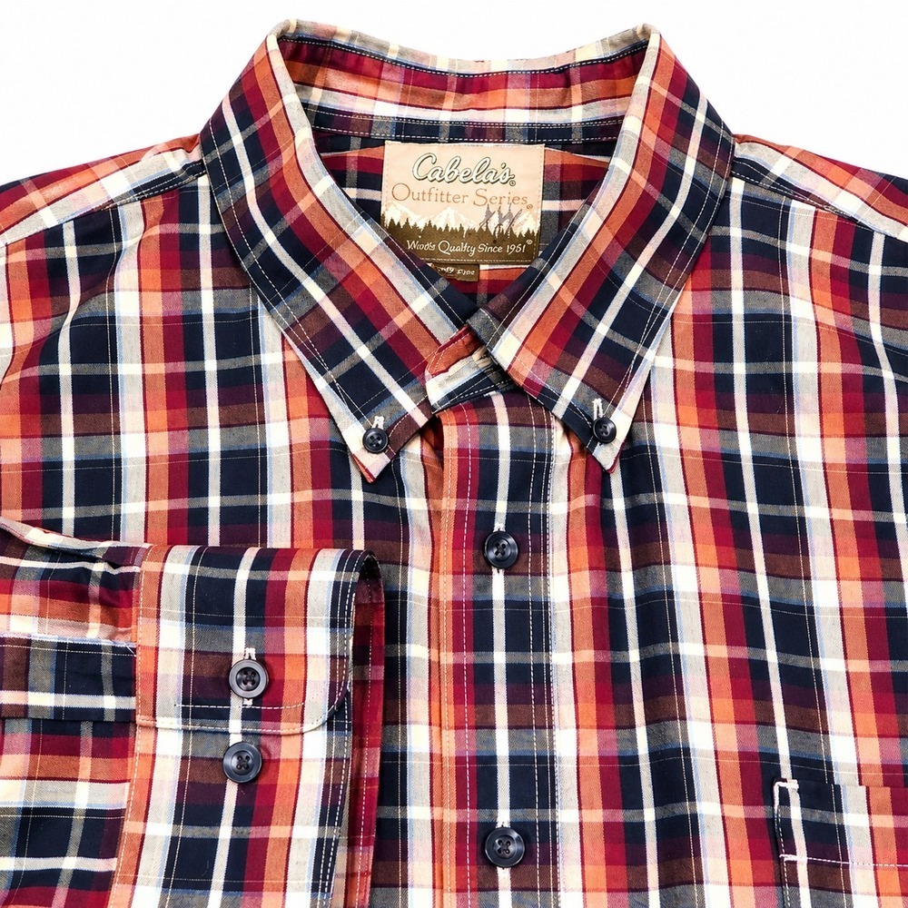 Cabela's Mens 3XLT Red Navy Plaid Cotton Button Up Shirt‎